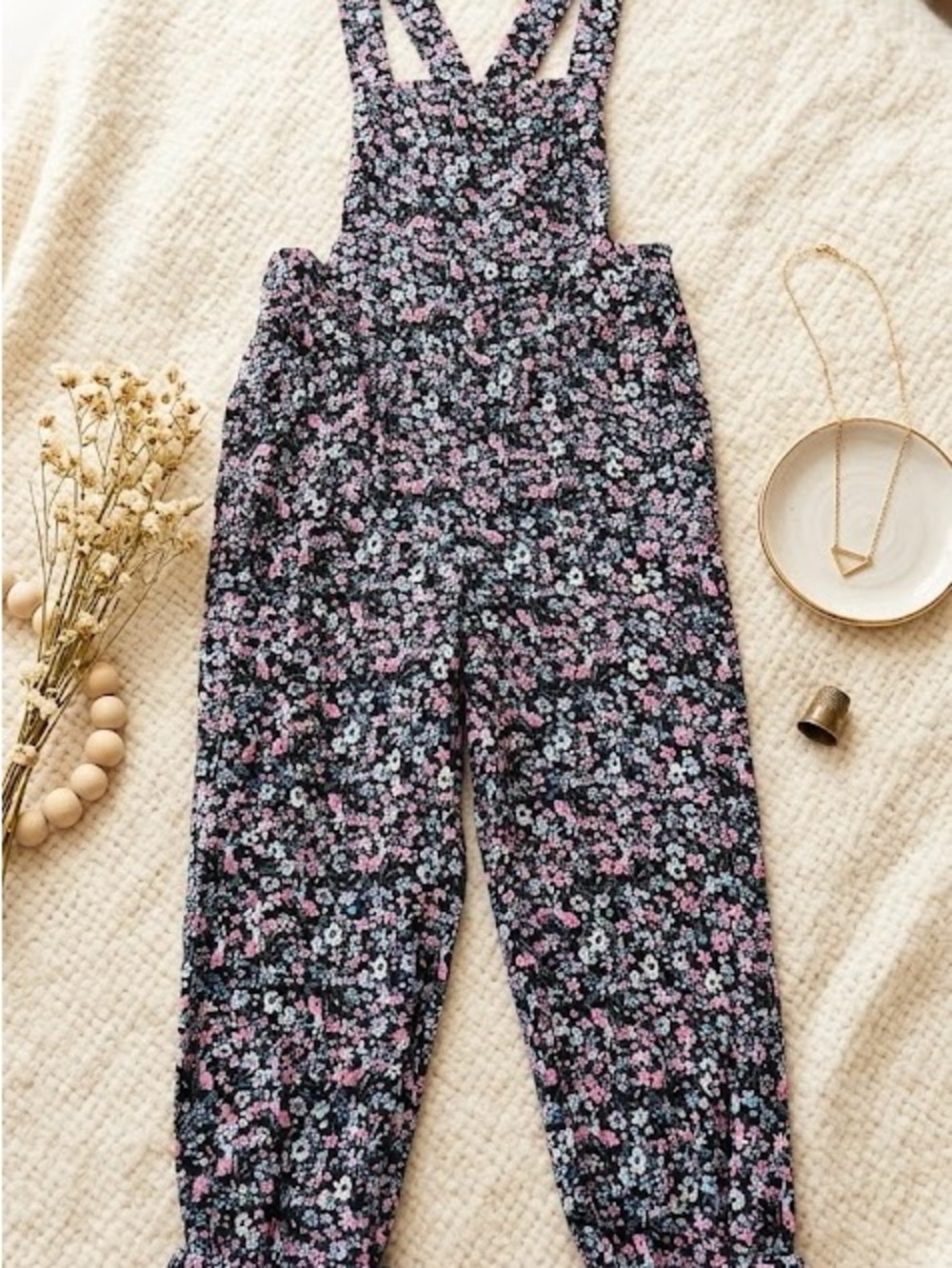 Zara Black Floral Romper Overalls with Pink and Light Blue Flowers